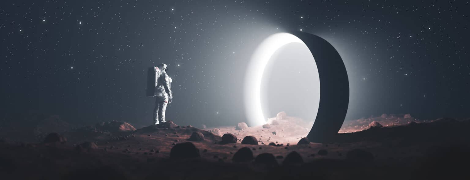Astronaut on foreign planet in front of spacetime portal light